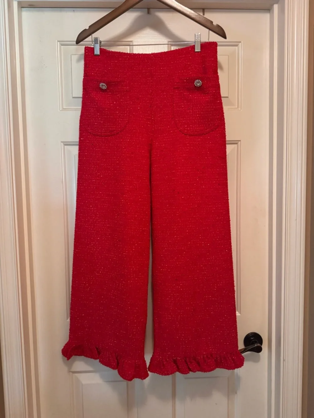 Maeve The Colette Crop Tweed Ruffle-Hem Pants - Red - sz 30 - NWT - Picture 5 of 14